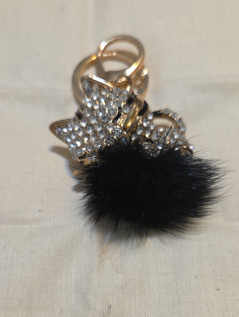 Gold Crystal Cat & Black Pom Pom Keychain